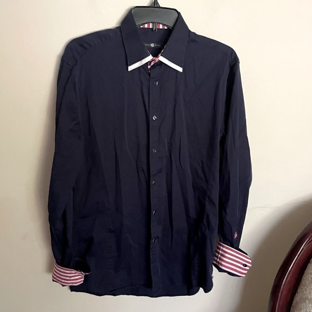 Stone Rose Navy Cuffed Candy Stripe Cuffed Button Down- Size 3 (Medium)